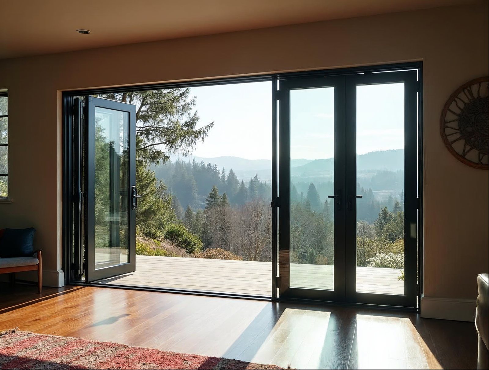 4-panel aluminum bifold patio door for sale in matte black open to a green backyard