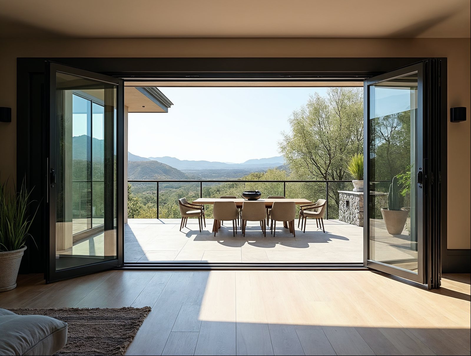 Aluminum accordion glass bi-fold doors on a 24-foot exterior opening — factory-direct pricing for contractors