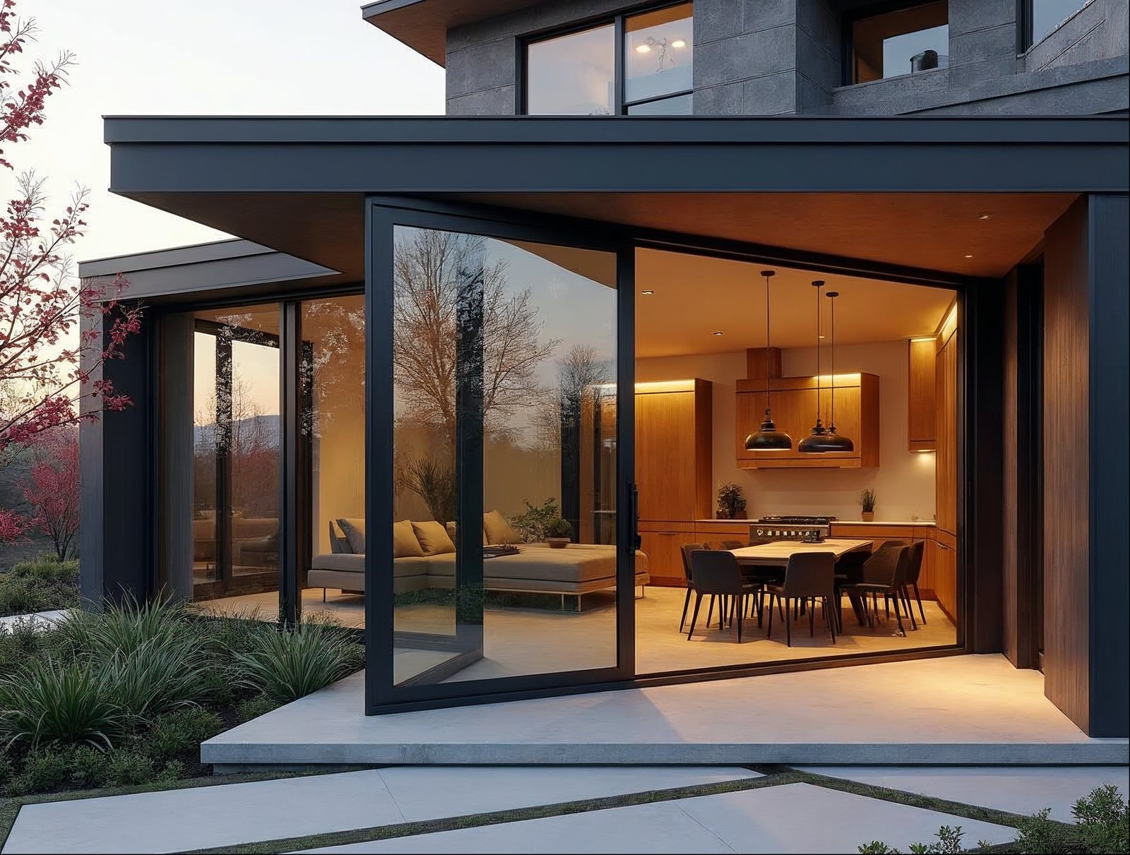 energy-efficient large sliding glass patio door in a Mid-Atlantic contemporary home at golden hour, matte black frame