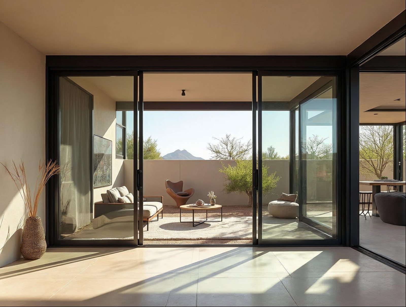 multi-slide large patio sliding glass door in a Southwest desert modern home, matte black thermally broken aluminum