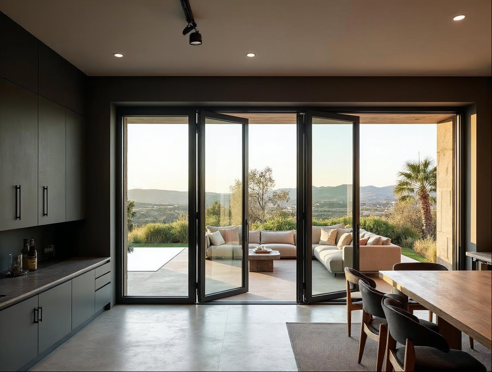 aluminum bi-fold accordion doors on a California modern home showing maximum width configuration