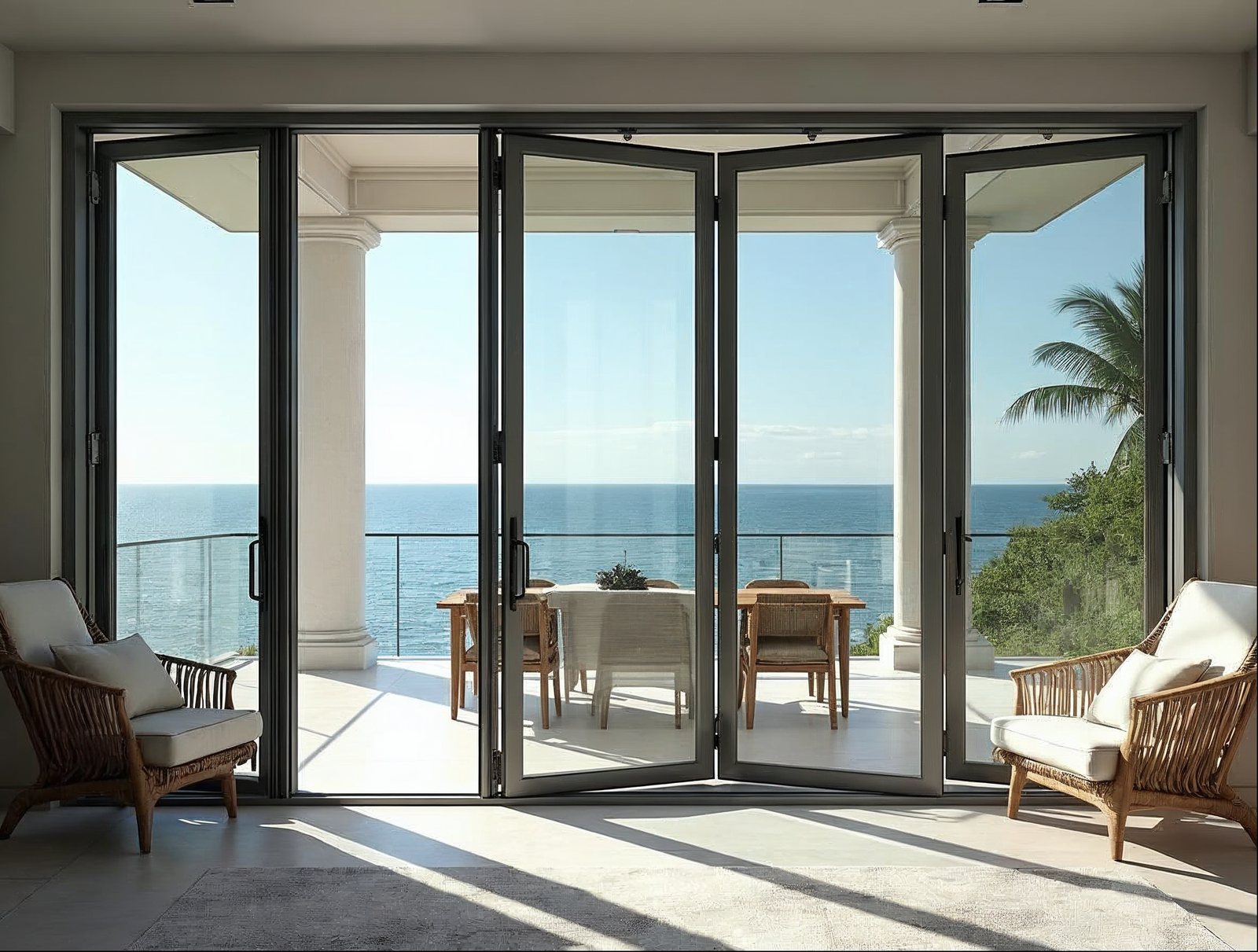 large-span aluminum accordion bi-fold door system spanning 40 feet in a coastal contemporary home