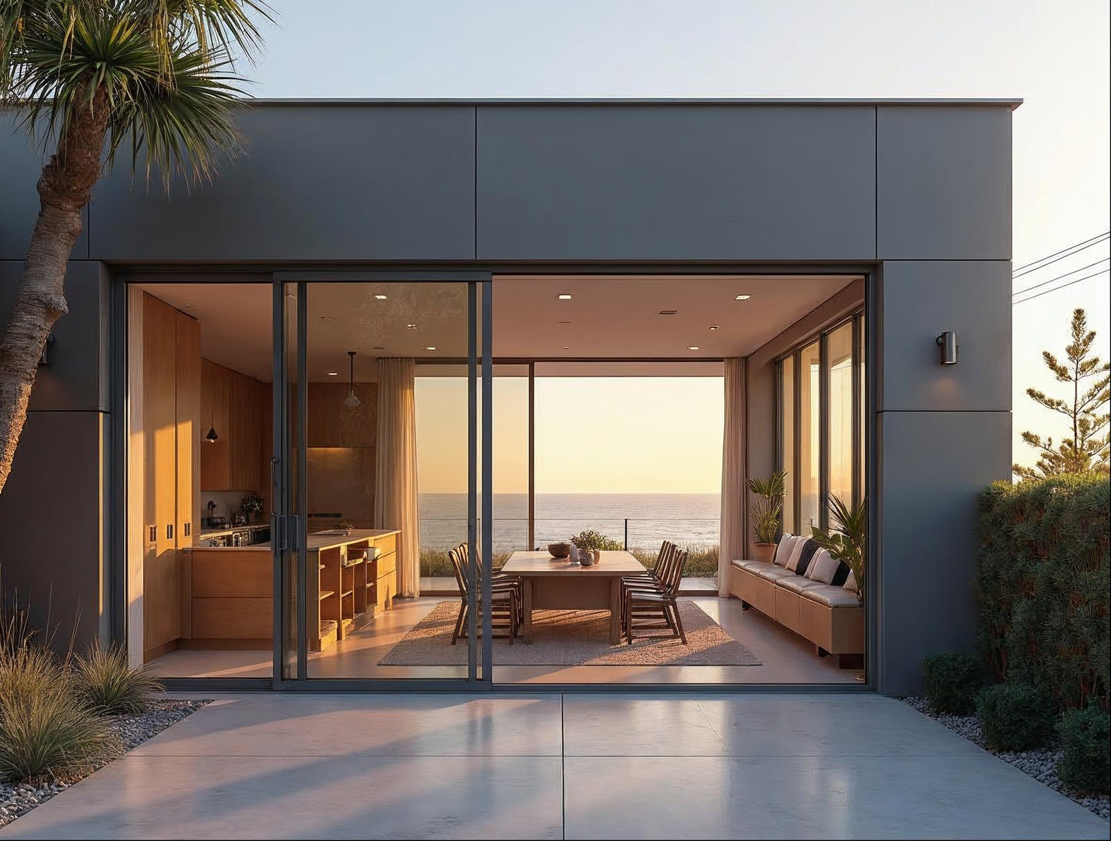 wide aluminum sliding glass wall system installed in new construction framing