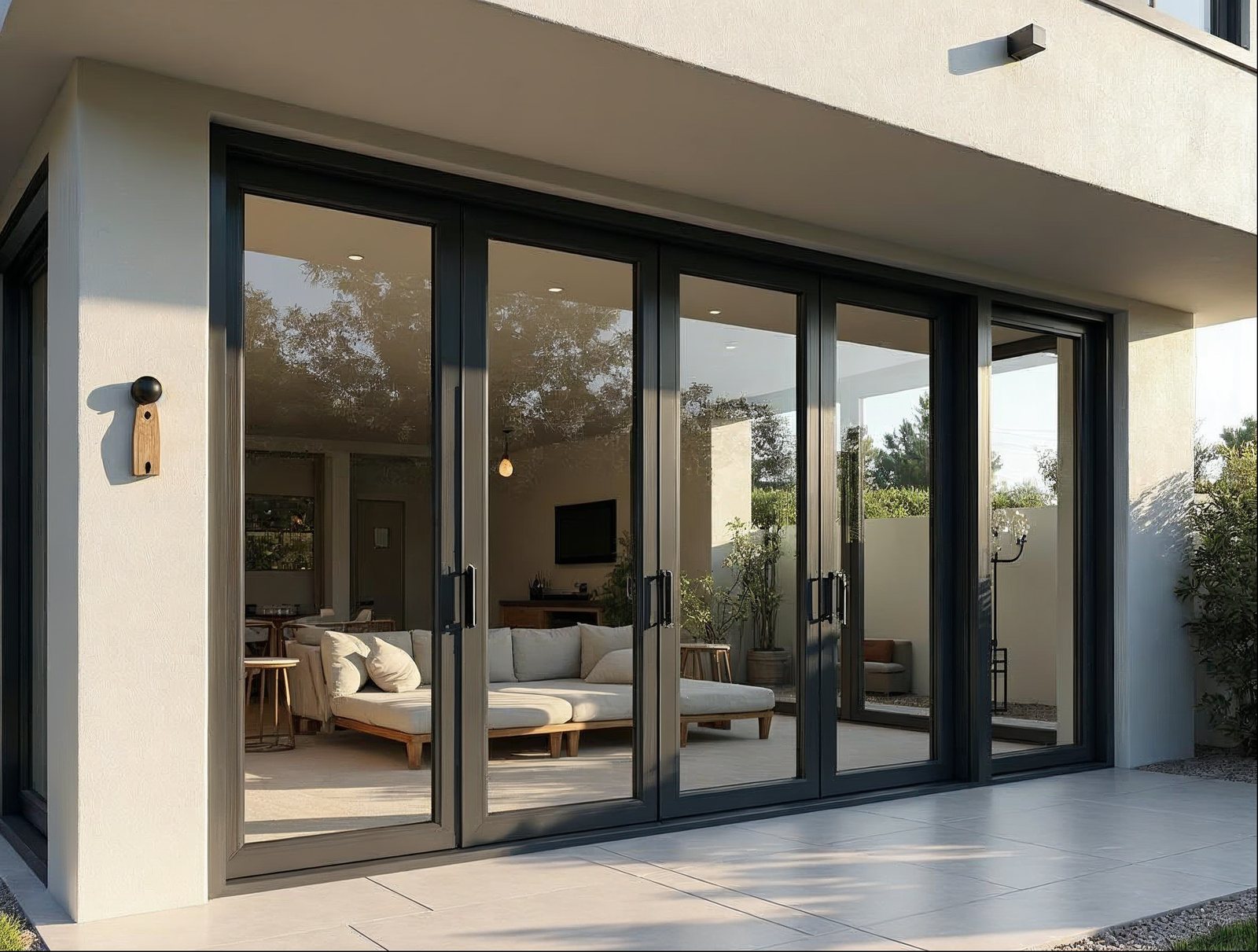low-profile bottom track guide on aluminum bi-fold exterior door system showing top-hung panel configuration