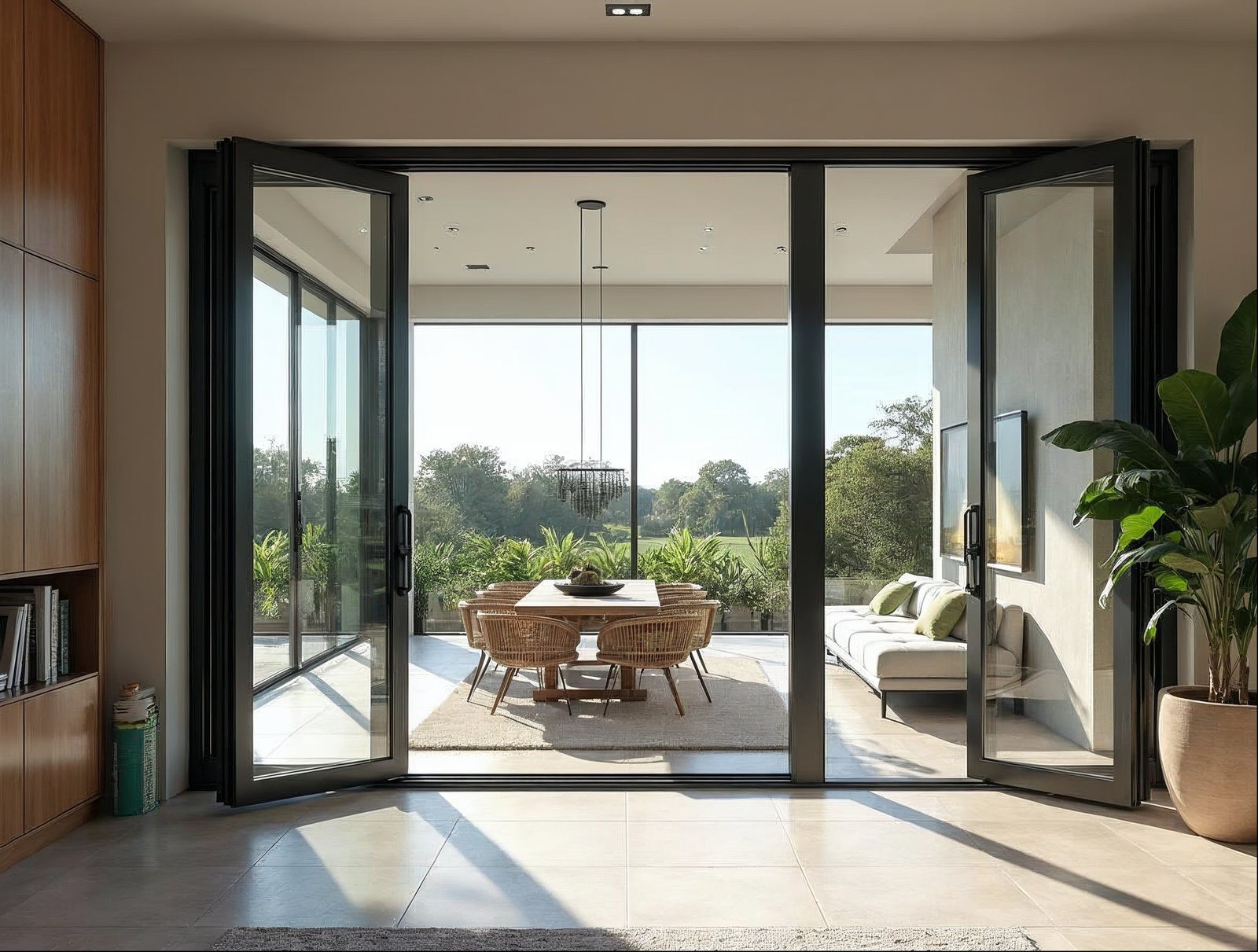 aluminum bi-fold door system with thermal-break frame and included hardware installed in residential opening