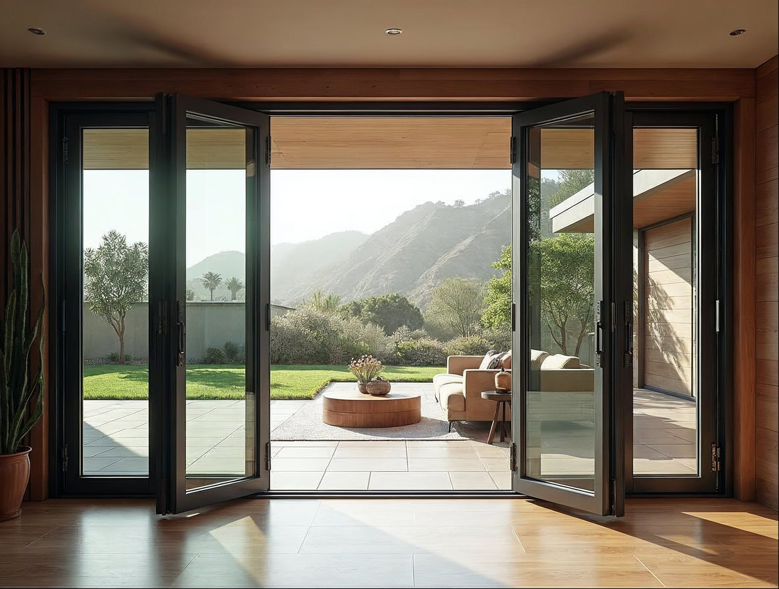 6-panel aluminum bi-fold doors opening onto a Southern California patio, showing slim sightlines versus French doors