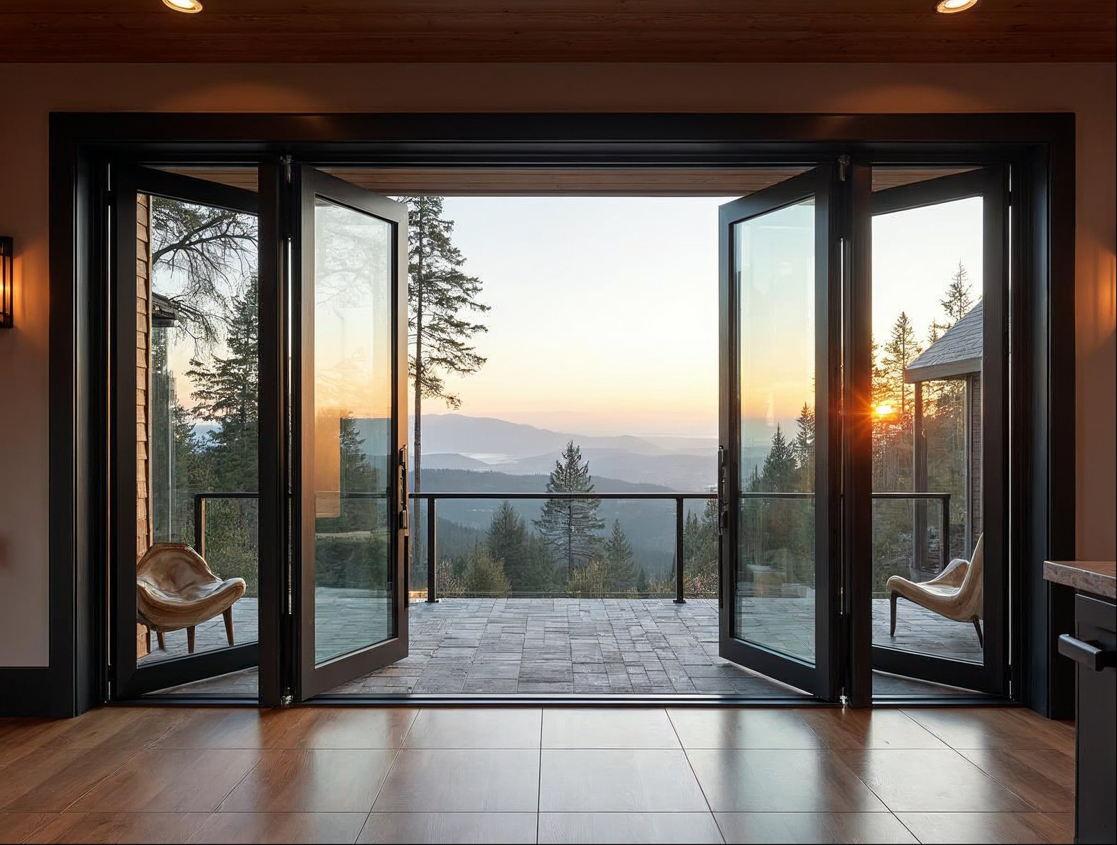 Thermal-break aluminum bi-fold doors fully open on a Pacific Northwest luxury home exterior