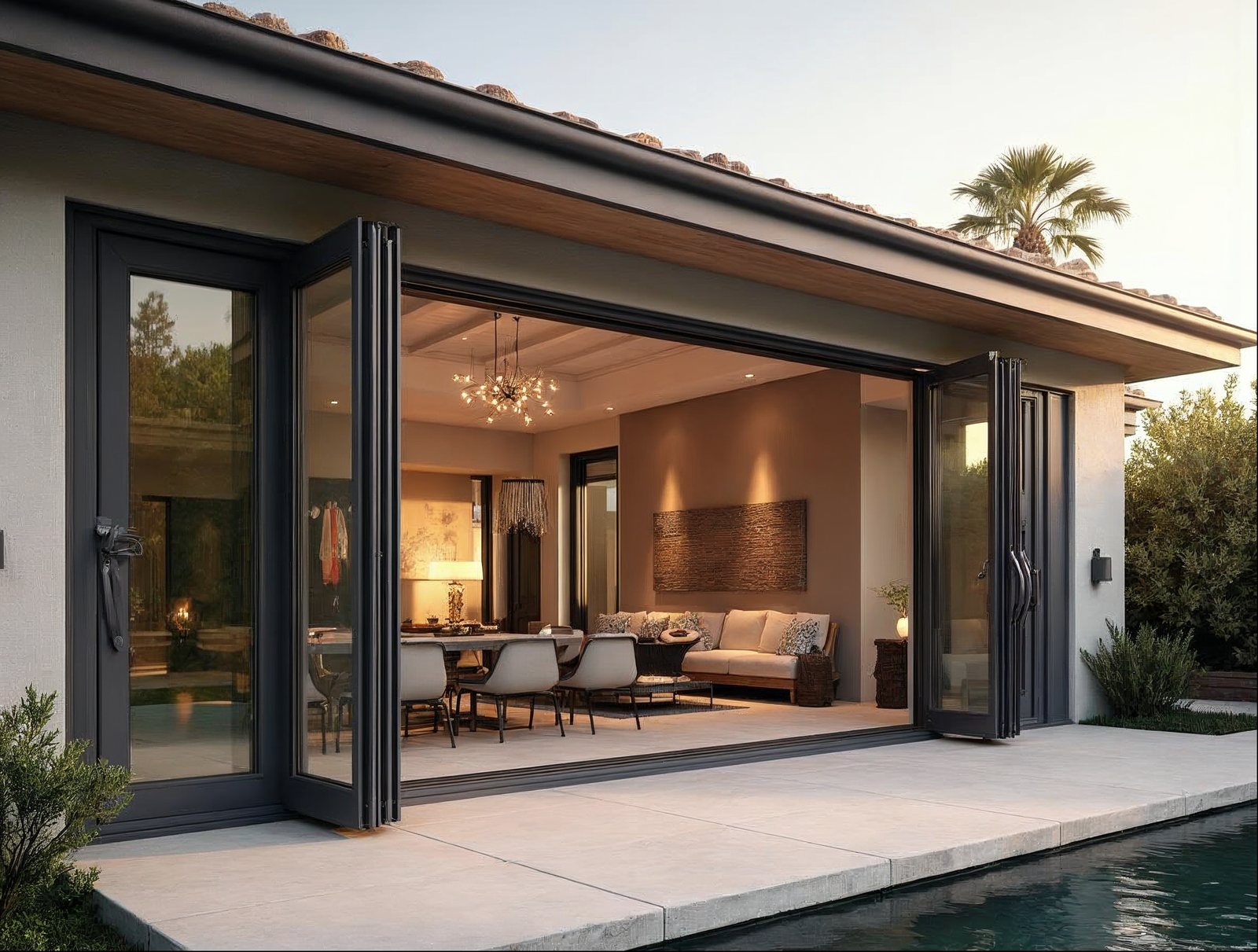Aluminum bi-fold doors on a California contemporary home showing slim sightlines and powder coat finish